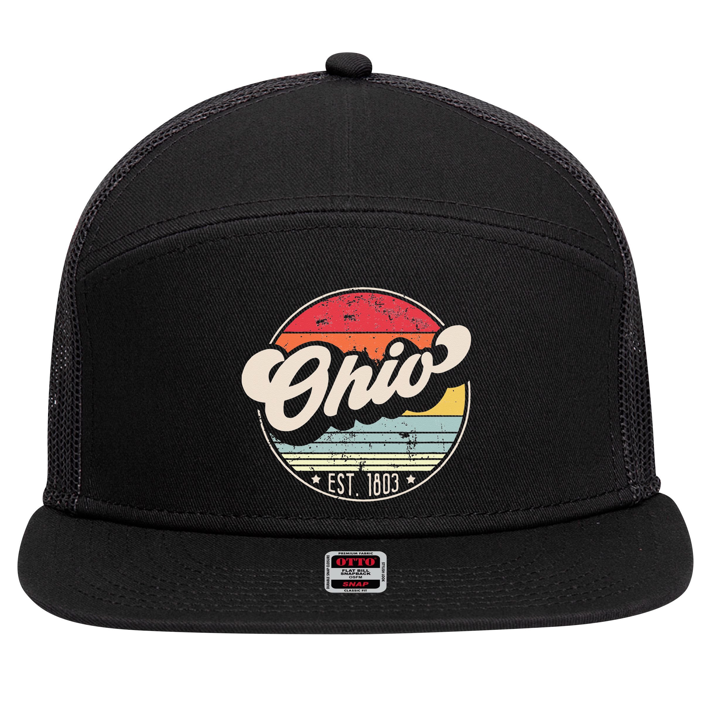 Retro Ohio Home State OH Cool 70s Style Sunset 7 Panel Mesh Trucker Snapback Hat