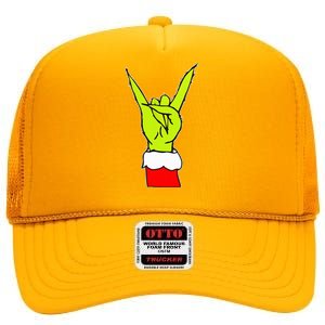 Rock On Hand Christmas Rock & Roll Elf Xmas High Crown Mesh Back Trucker Hat