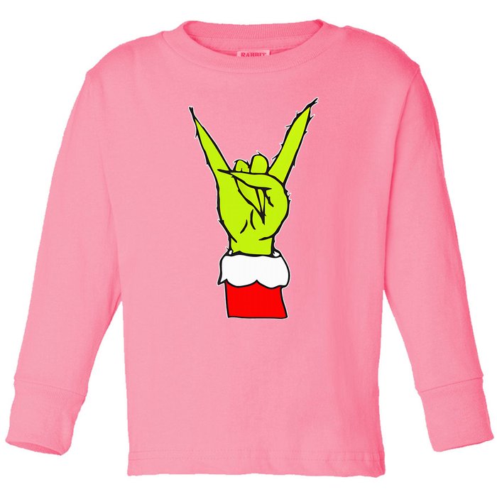 Rock On Hand Christmas Rock & Roll Elf Xmas Toddler Long Sleeve Shirt