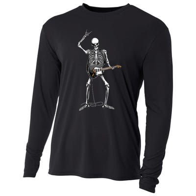 Rock On Halloween Skeleton Guitarist Rock And Roll Band Cooling Performance Long Sleeve Crew