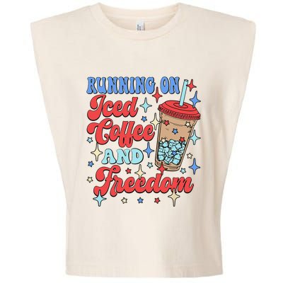 Running On Iced Coffee And Freedom 4th Of July Patriotic Garment-Dyed Women's Muscle Tee