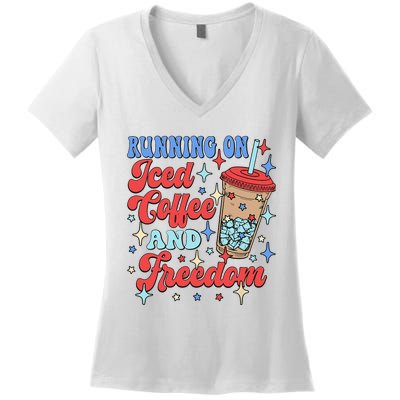 Running On Iced Coffee And Freedom 4th Of July Patriotic Women's V-Neck T-Shirt