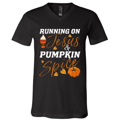 Running On Jesus & Pumpkin Spice Christian Fall Thanksgiving V-Neck T-Shirt