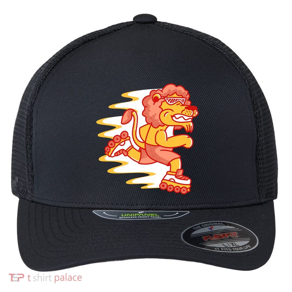 Rollerskating Lion Flexfit Unipanel Trucker Cap