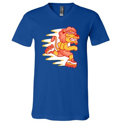 Rollerskating Lion V-Neck T-Shirt