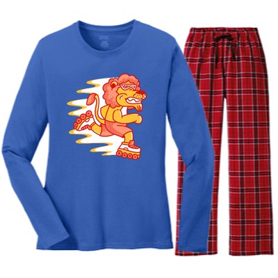 Rollerskating Lion Women's Long Sleeve Flannel Pajama Set 