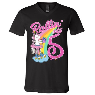Rollin' Into 5 Skating Unicorn  V-Neck T-Shirt
