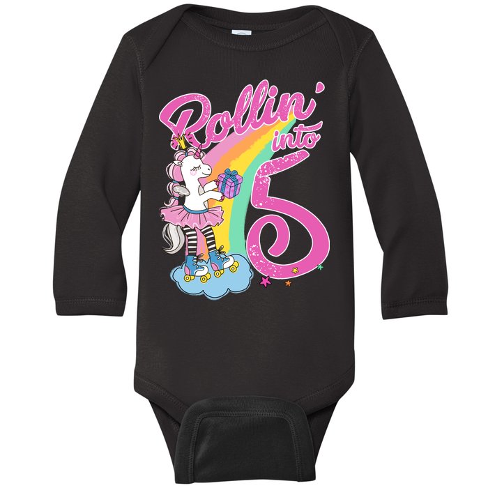 Rollin' Into 5 Skating Unicorn  Baby Long Sleeve Bodysuit