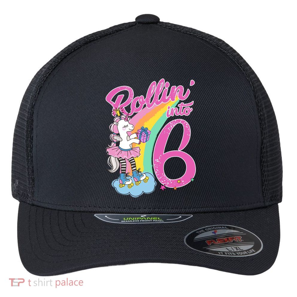 Rollin' Into 6 Skating Unicorn  Flexfit Unipanel Trucker Cap