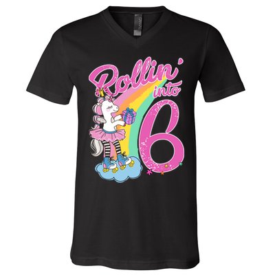 Rollin' Into 6 Skating Unicorn  V-Neck T-Shirt