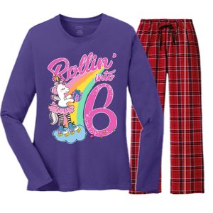 Rollin' Into 6 Skating Unicorn  Women's Long Sleeve Flannel Pajama Set 