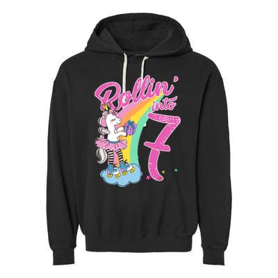 Rollin' Into 7 Skating Unicorn Birthday Garment-Dyed Fleece Hoodie