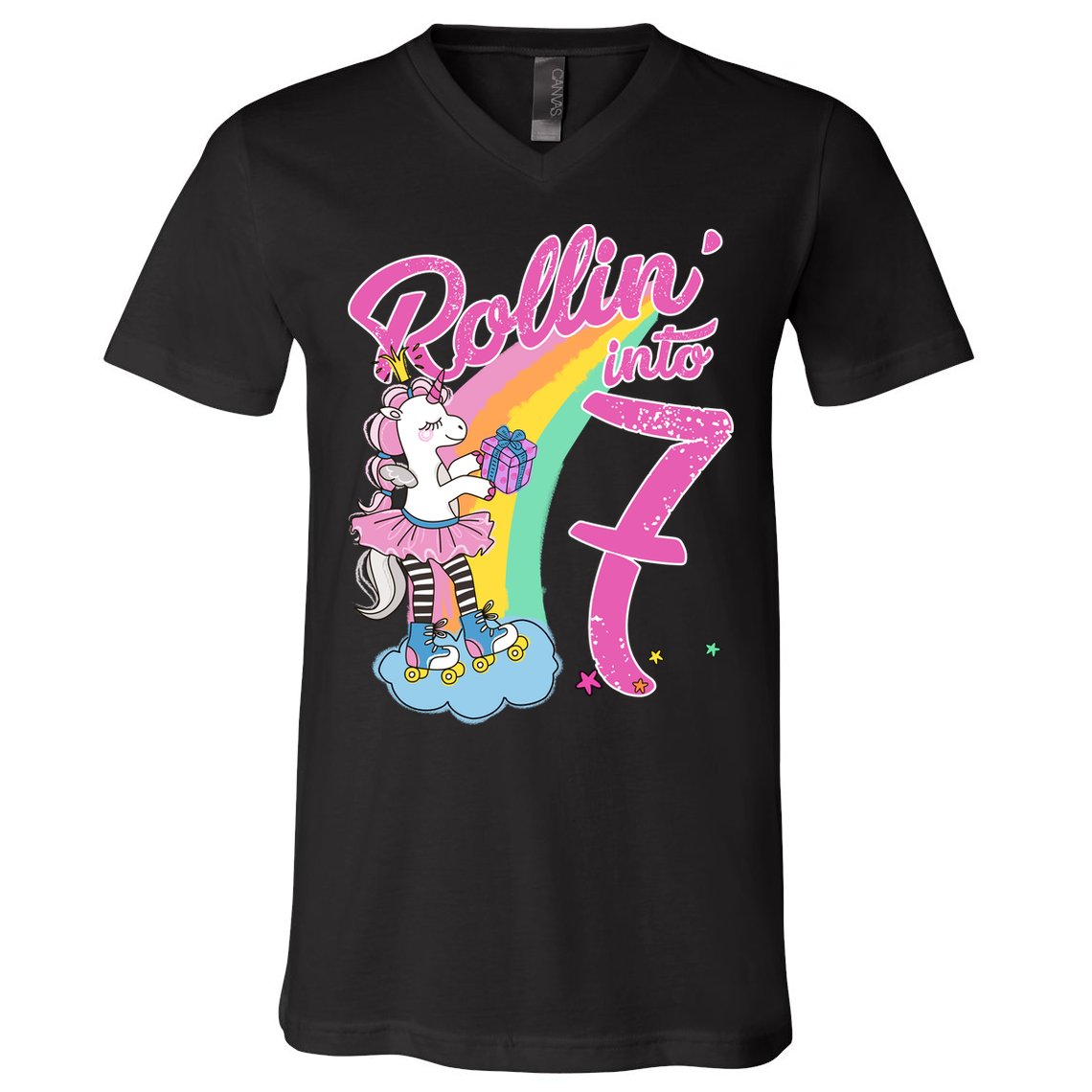 Rollin' Into 7 Skating Unicorn Birthday V-Neck T-Shirt