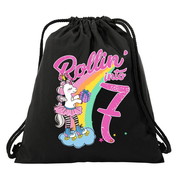 Rollin' Into 7 Skating Unicorn Birthday Drawstring Bag