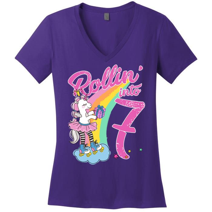 Rollin' Into 7 Skating Unicorn Birthday Women's V-Neck T-Shirt