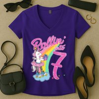 Rollin' Into 7 Skating Unicorn Birthday Women's V-Neck T-Shirt