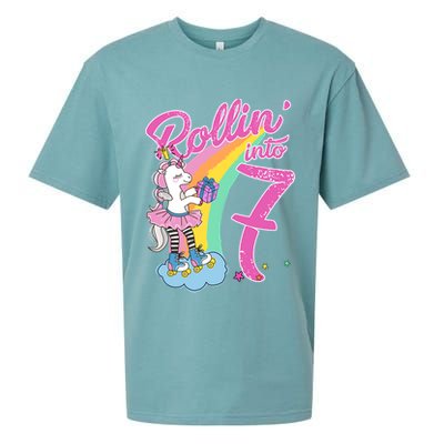Rollin' Into 7 Skating Unicorn Birthday Sueded Cloud Jersey T-Shirt