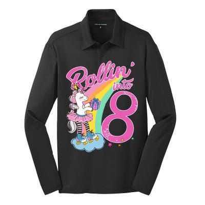 Rollin' Into 8 Skating Unicorn Birthday Silk Touch Performance Long Sleeve Polo