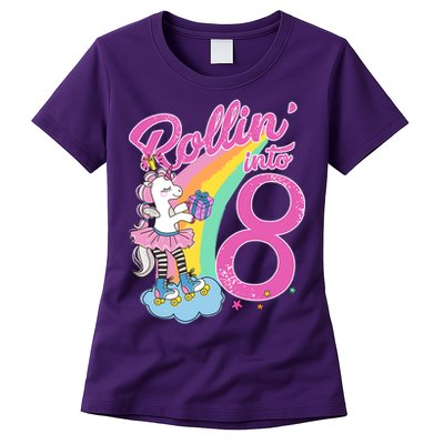 Rollin' Into 8 Skating Unicorn Birthday Womens T-Shirt