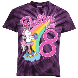 Rollin' Into 8 Skating Unicorn Birthday Kids Tie-Dye T-Shirt