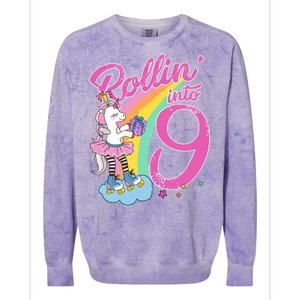 Rollin' Into 9 Skating Unicorn Birthday Colorblast Crewneck Sweatshirt