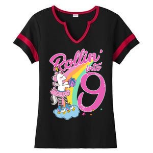 Rollin' Into 9 Skating Unicorn Birthday Ladies Halftime Notch Neck Tee