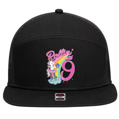 Rollin' Into 9 Skating Unicorn Birthday 7 Panel Mesh Trucker Snapback Hat