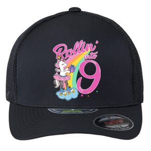 Rollin' Into 9 Skating Unicorn Birthday Flexfit Unipanel Trucker Cap