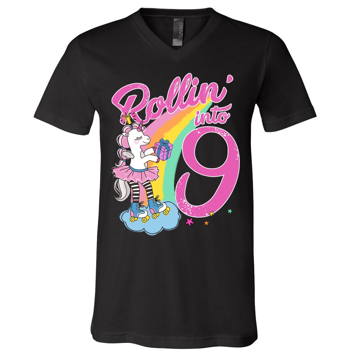 Rollin' Into 9 Skating Unicorn Birthday V-Neck T-Shirt