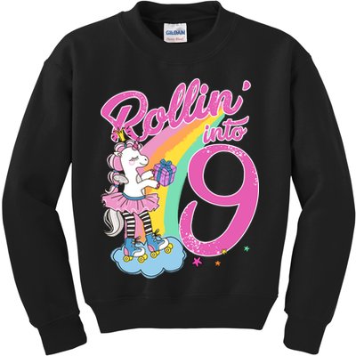 Rollin' Into 9 Skating Unicorn Birthday Kids Sweatshirt