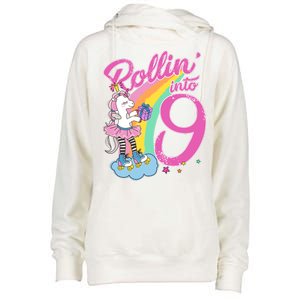 Rollin' Into 9 Skating Unicorn Birthday Womens Funnel Neck Pullover Hood