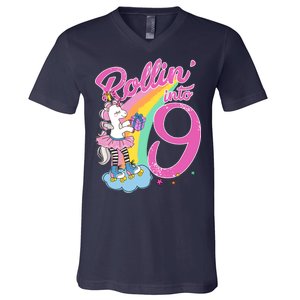 Rollin' Into 9 Skating Unicorn Birthday V-Neck T-Shirt