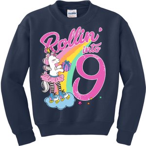 Rollin' Into 9 Skating Unicorn Birthday Kids Sweatshirt