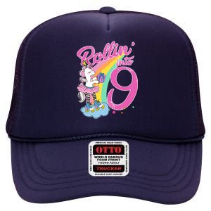 Rollin' Into 9 Skating Unicorn Birthday High Crown Mesh Back Trucker Hat