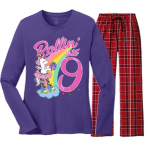 Rollin' Into 9 Skating Unicorn Birthday Women's Long Sleeve Flannel Pajama Set 