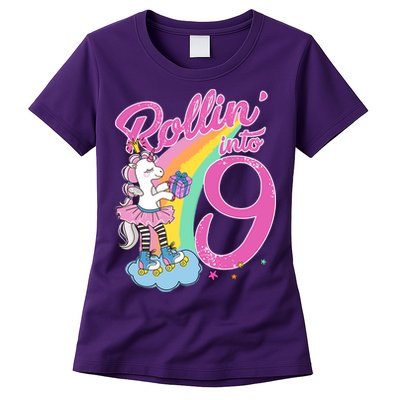 Rollin' Into 9 Skating Unicorn Birthday Womens T-Shirt