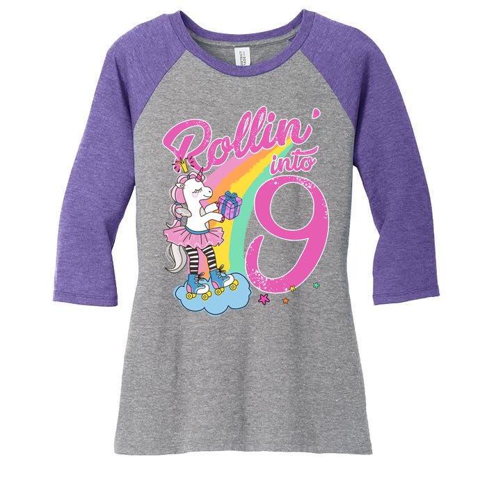 Rollin' Into 9 Skating Unicorn Birthday Women's Tri-Blend 3/4-Sleeve Raglan Shirt