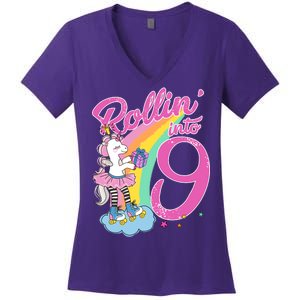 Rollin' Into 9 Skating Unicorn Birthday Women's V-Neck T-Shirt