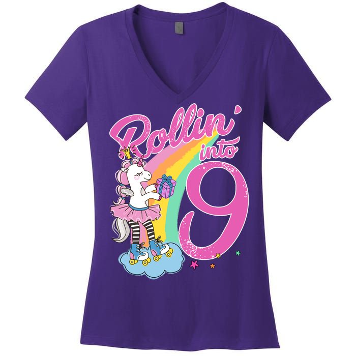 Rollin' Into 9 Skating Unicorn Birthday Women's V-Neck T-Shirt