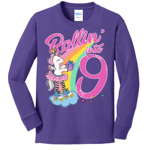 Rollin' Into 9 Skating Unicorn Birthday Kids Long Sleeve Shirt