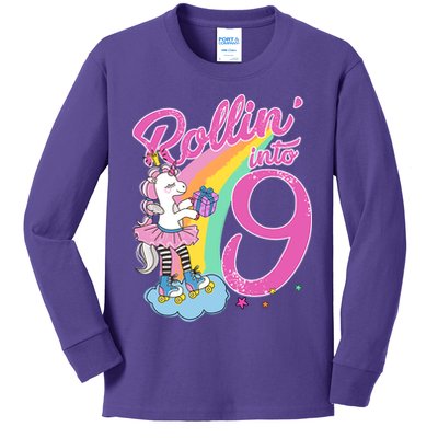 Rollin' Into 9 Skating Unicorn Birthday Kids Long Sleeve Shirt