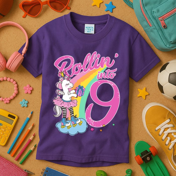 Rollin' Into 9 Skating Unicorn Birthday Kids T-Shirt