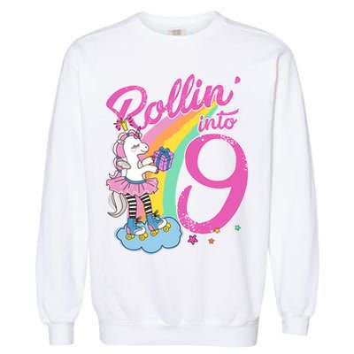 Rollin' Into 9 Skating Unicorn Birthday Garment-Dyed Sweatshirt