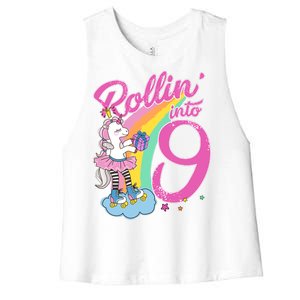 Rollin' Into 9 Skating Unicorn Birthday Women's Racerback Cropped Tank