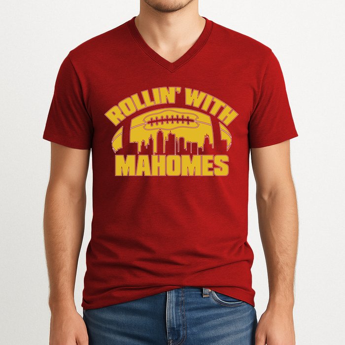 Rollin With Mahomes Kansas City Skyline V-Neck T-Shirt