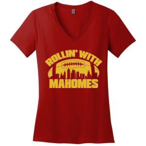 Rollin With Mahomes Kansas City Skyline Women's V-Neck T-Shirt