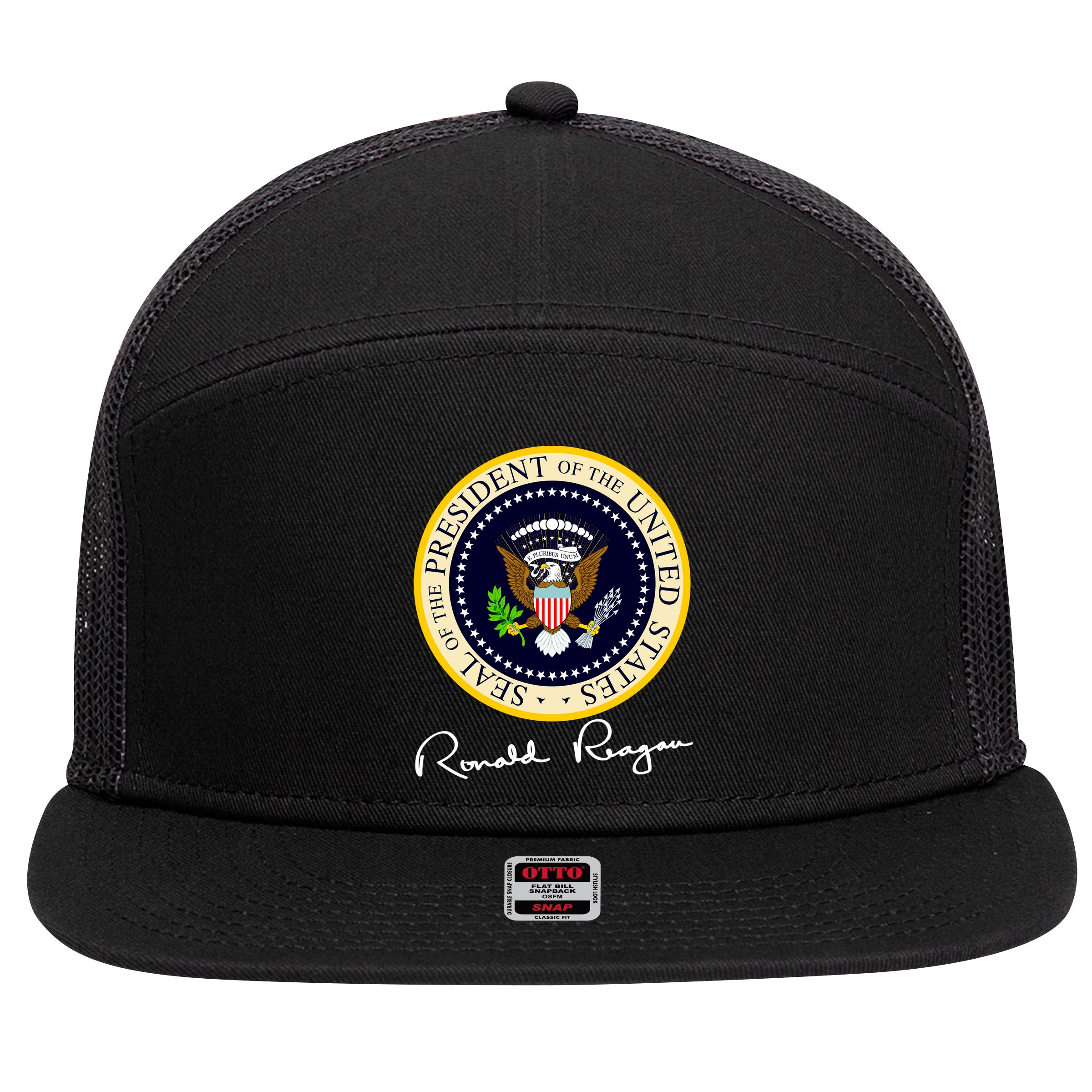 Ronald Reagan Presidential Seal Signature 7 Panel Mesh Trucker Snapback Hat