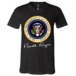 Ronald Reagan Presidential Seal Signature V-Neck T-Shirt