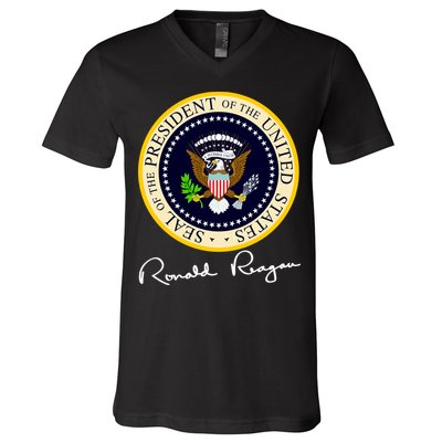 Ronald Reagan Presidential Seal Signature V-Neck T-Shirt