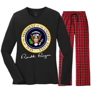 Ronald Reagan Presidential Seal Signature Women's Long Sleeve Flannel Pajama Set 